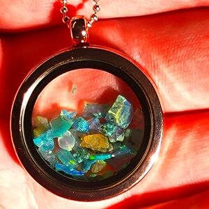30mm Gold Pendant w/ Blue Ethiopian Fire Opal Chips 2-5mm